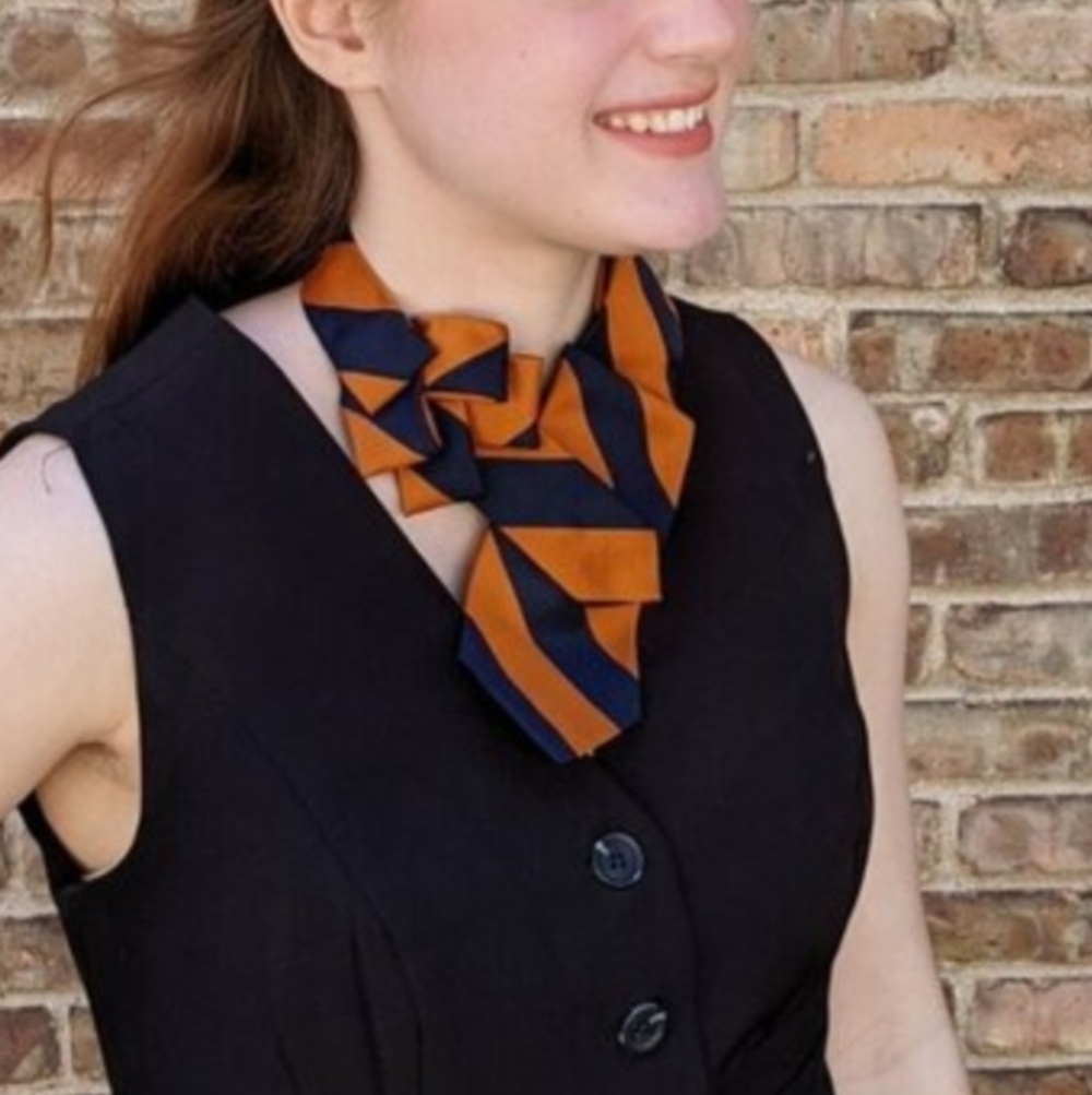 Ogsplosh Ascot Scarf Made From A Repurposed Necktie Navy & Orange Stripes NEW
